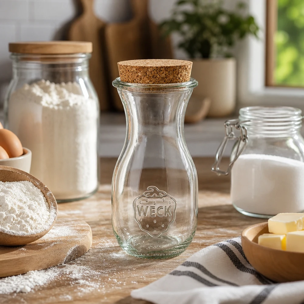 290 ml juiceflaske WECK RR60 med kork natur WECK juiceflaske 290ml RR60 tom i køkken omgivet af bageingredienser mel mælk smør på træplade landhusstil