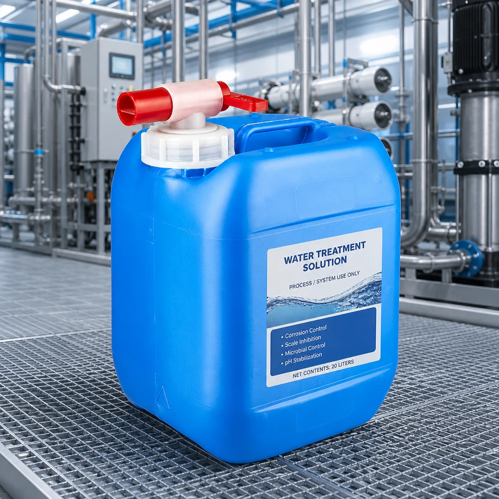 Blå HDPE-kanister på 5 liter med rødt udløbshan til vandbehandling i industrianlæg