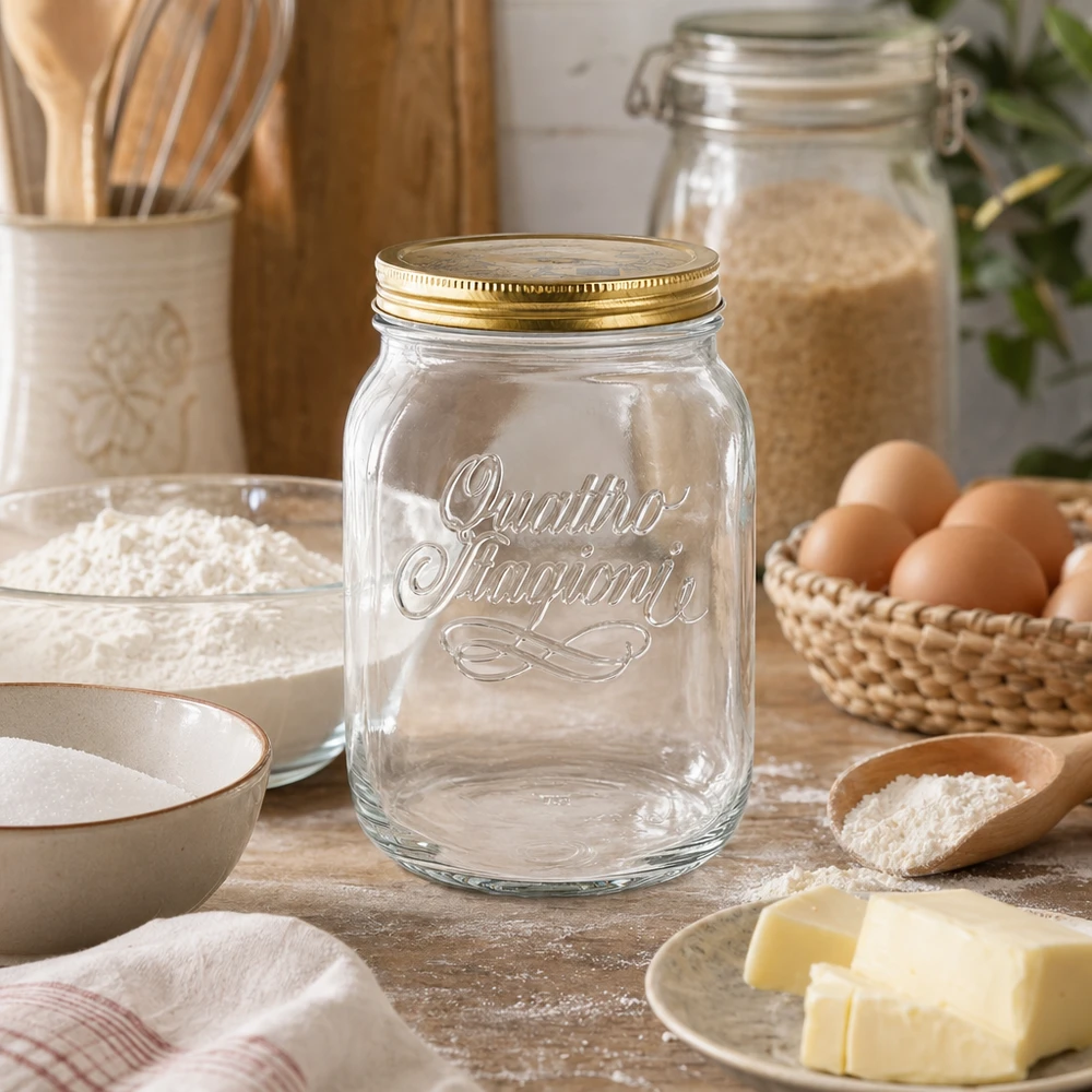 2000 ml rundt glas "Quattro Stagioni" med låg Quattro Stagioni 2000 ml syltekrukke i rustikt køkken med bageingredienser - italiensk opbevaringskrukke til mel