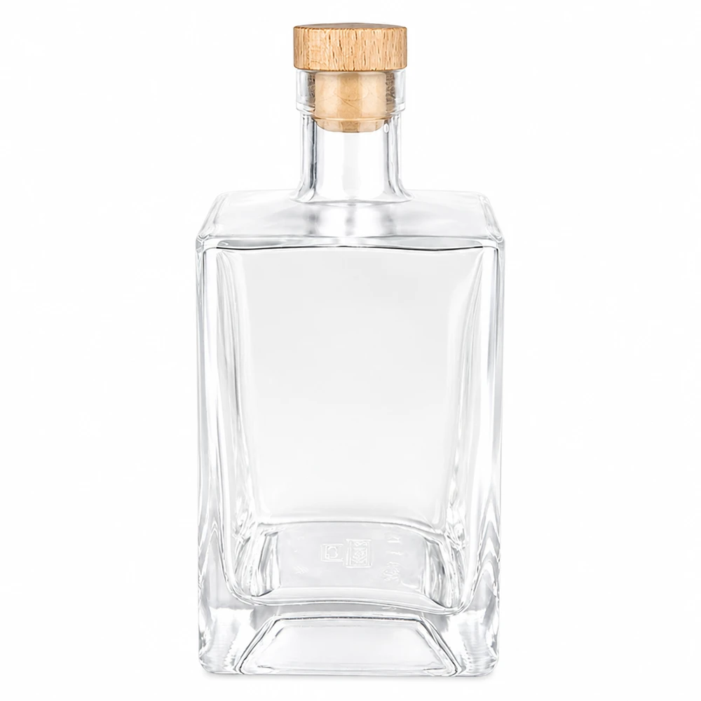 700 ml glasflaske »Ben« med træhåndtagskork UNiTWIST® 700 ml glasflaske Ben med træhåndtag kork UNiTWIST gennemsigtig tom rektangulær form spiritus whiskyflaske