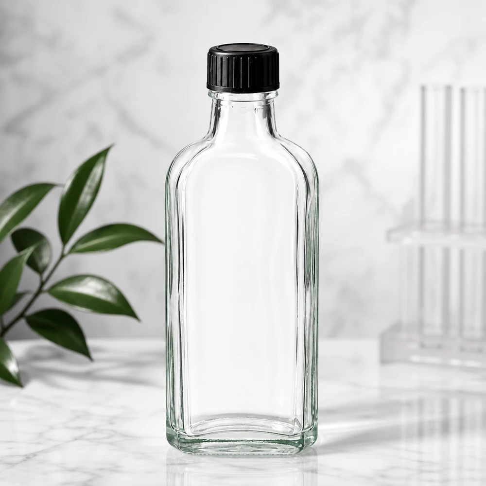 Tom 100 ml Meplat-glasflaske, klar, med sort skruelåg på marmorunderlag