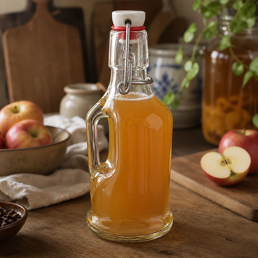 200 ml glasflaske »Bertha« og PVC-skruelåg UNiTWIST® Bertha 200 ml glasflaske fyldt med æblejuice, UNiTWIST swing top, rustik køkkenscene med friske æbler
