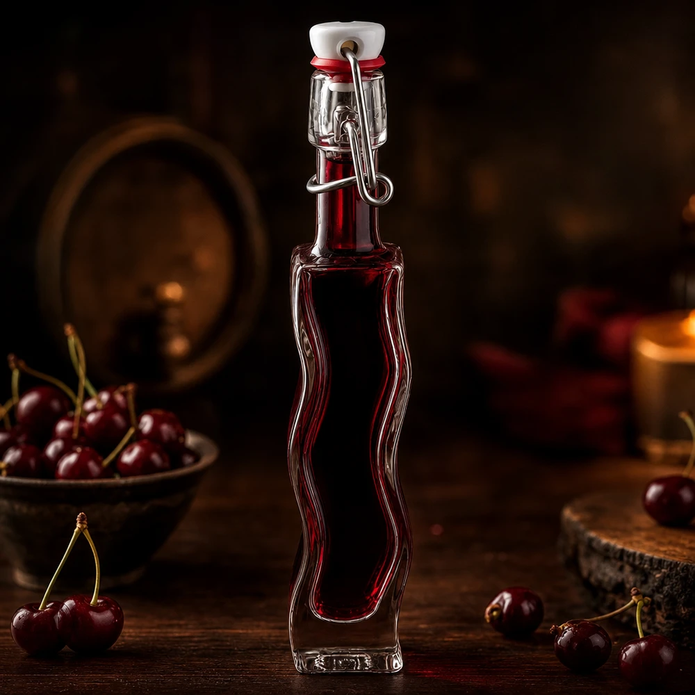 40 ml Glasflaske »Fila« med PVC-skruelåg UNiTWIST® 40 ml Anna-glasflaske med mørkerød kirsebærvæske i en rustik vinkælderatmosfære med friske kirsebær