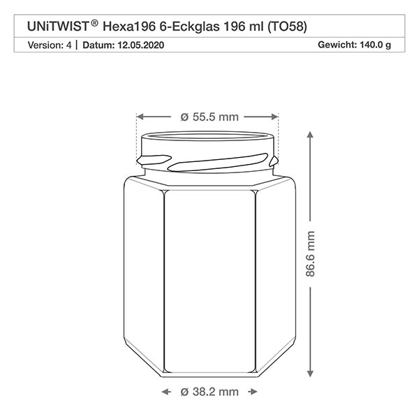UNiTWIST Hexa196 - 6-hjørnet krukke med en kapacitet på 196 ml TO58 UNiTWIST Hexa196 sekskantet murerbalje 196ml TO58 gevind teknisk tegning med dimensioner 55,5mm diameter