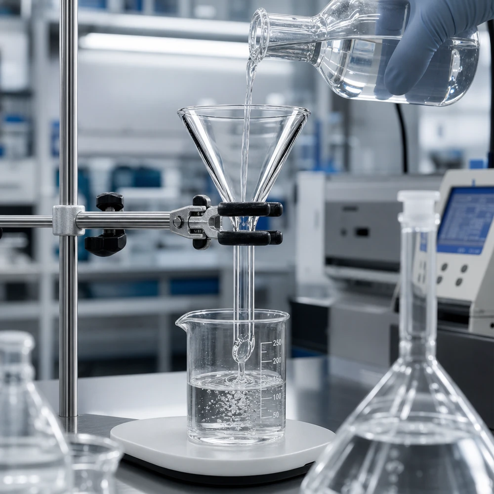 Tragt Ø 30 mm sodakalk, vinkel 60°, kort model Kompakt laboratorietragt af kalksodaglas med 30 mm åbning til effektiv filtrering og separation