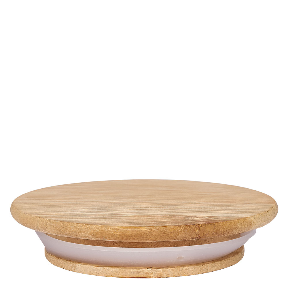 Trælåg version "A" til WECK RR60. Ideelt til WECK-krukker og -flasker med rund kant 60 mm (RR60). Varme- og kuldebestandigt, tåler opvaskemaskine. WECK trælåg RR60 set fra siden viser naturlige træårer og hvid gummiring for optimal tætning