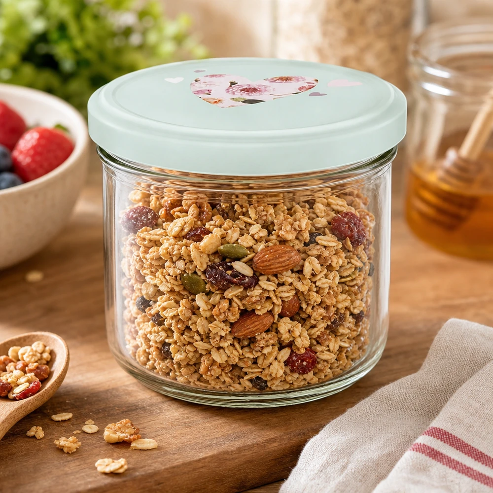260 ml glas med skrå kant + BasicSeal låg, hjerteformet, mint UNiTWIST 260 ml-bægre med BasicSeal-låg fyldt med müsli og nødder, glaskrukke til morgenmadsprodukter
