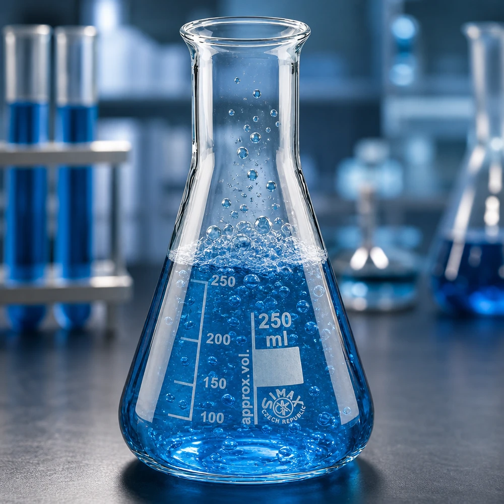 Professionel Erlenmeyer-kolbe 250 ml med blå testvæske og bobledannelse i kemilaboratoriet