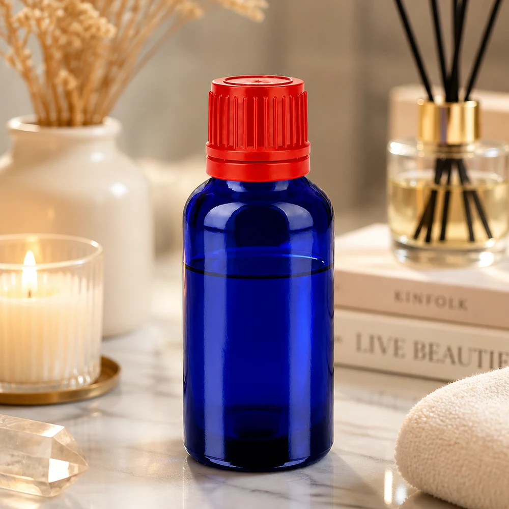 30 ml koboltblå glasflaske med UT18-gevind til sikker opbevaring af essenser og tinkturer