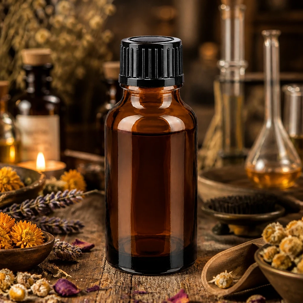 Ravfarvet 20 ml STD-dråbeflaske af apotekerglas med sort låg og urter