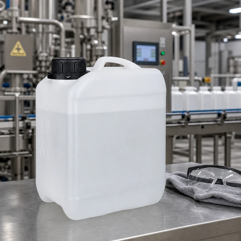 Kompakt 2,5-liters dunk med OV-skruelåg på en arbejdsflade af rustfrit stål i et industrimiljø