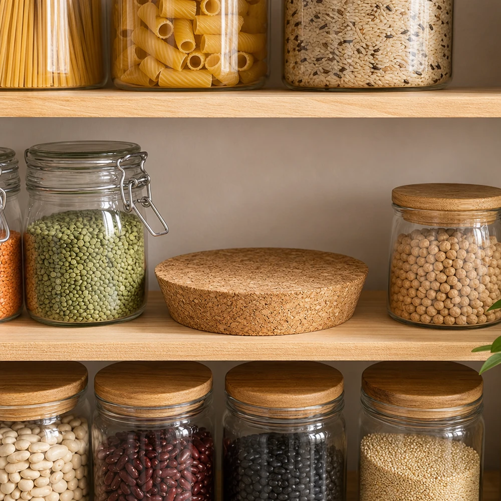Kork til åbning 94mm WECK RR100 (ø97/90, H=20mm) WECK korkprop RR100 94mm i organiseret opbevaringsreol med bælgfrugter pasta bæredygtig køkkenopbevaring
