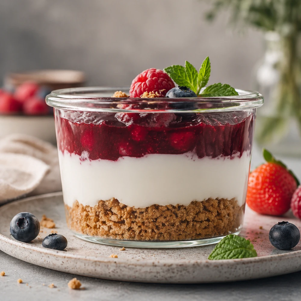 35 ml WECK RR40-glas med skrå kant WECK 35 ml murerbalje med lagdelt dessert af kiksebund, hvid creme og bærkompot pyntet med mynte