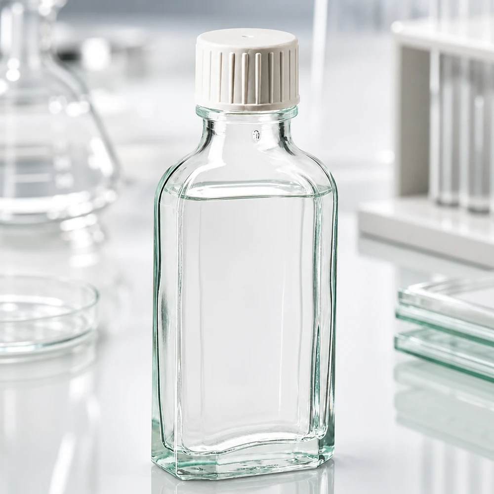 Rektangulær 50 ml flaske af klart glas med rillet hvidt låg og indbygget hældering