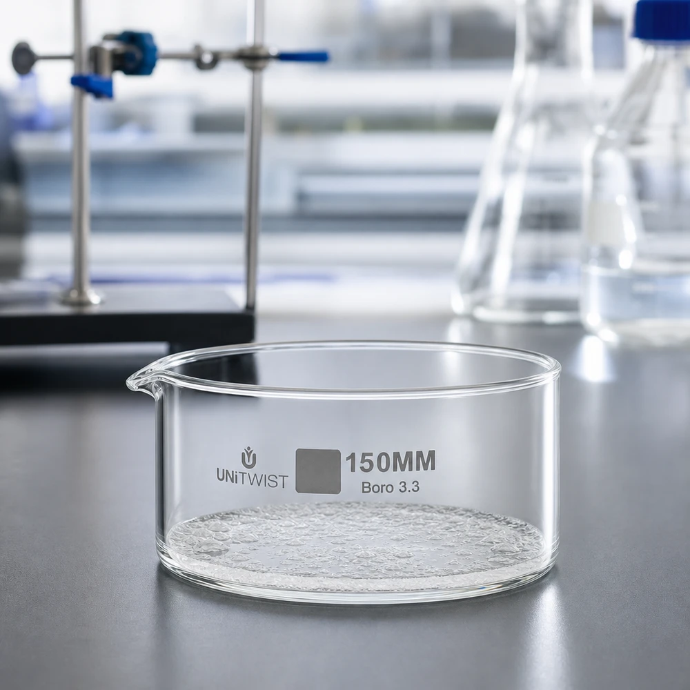 Krystalliseringsskål ø150mm borosilikatglas UNiTWIST UNiTWIST krystalliseringsskål, ø 150 mm, borosilikatglas 3.3, tom, på laboratoriebordet sammen med laboratorieudstyr