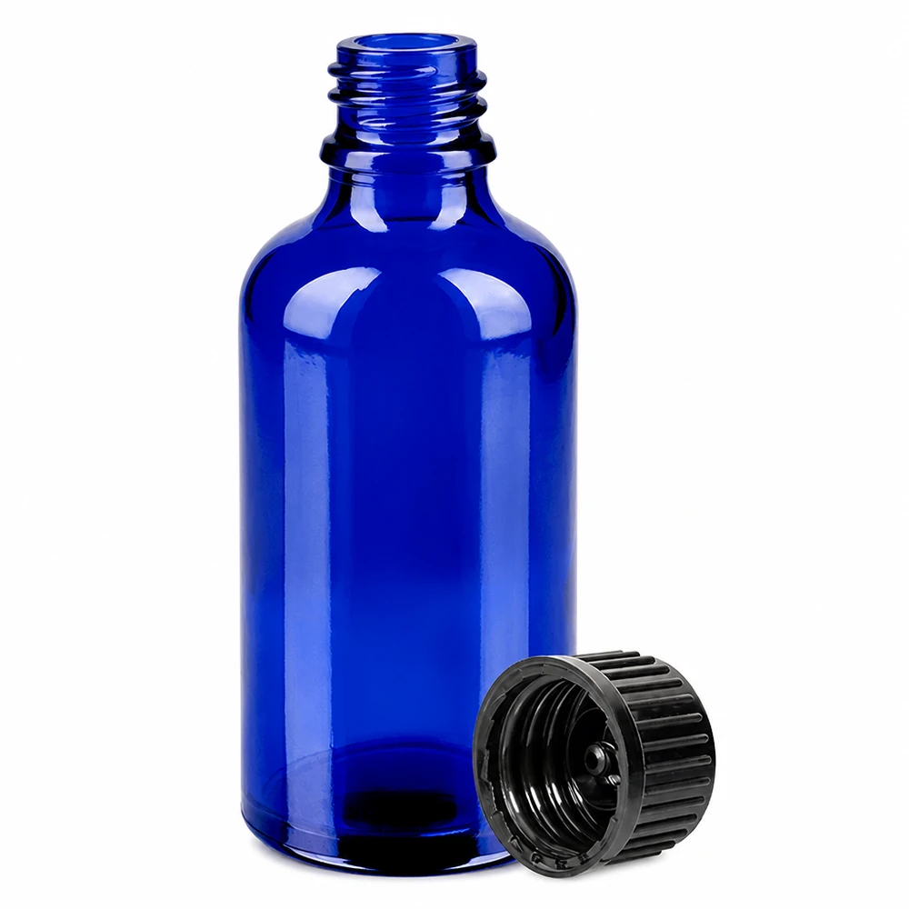 Blå 50 ml glasflaske med skruelåg til farmaceutiske produkter og tinkturer