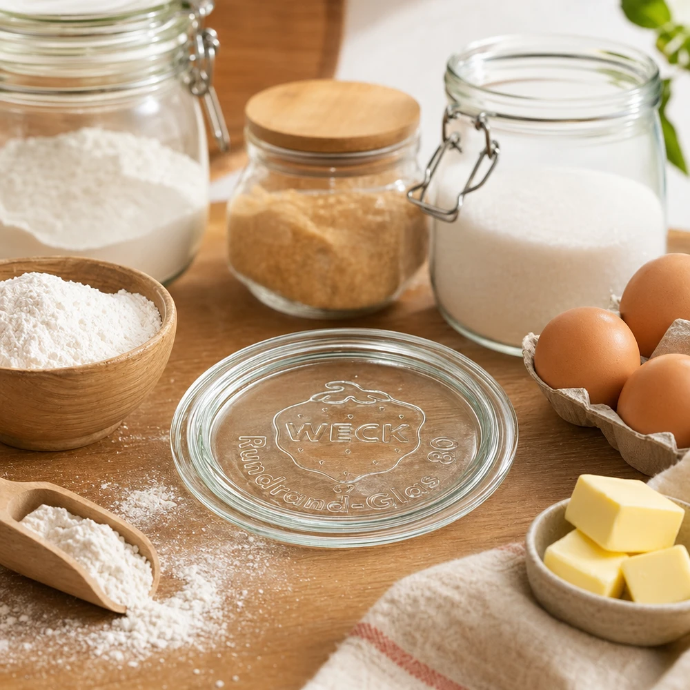 WECK glaslåg RR80 WECK RR80 glaslåg omgivet af bageingredienser som mel, æg, smør og mælk i et rustikt køkken på et træbord