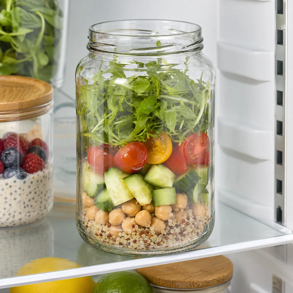 UNiTWIST Runda1700 - Briller med en kapacitet på 1700 ml TO100 UNiTWIST Runda1700 drikkeglas 1700ml TO100 med lagdelt salat quinoa kikærter agurk tomater rucola i køleskabet