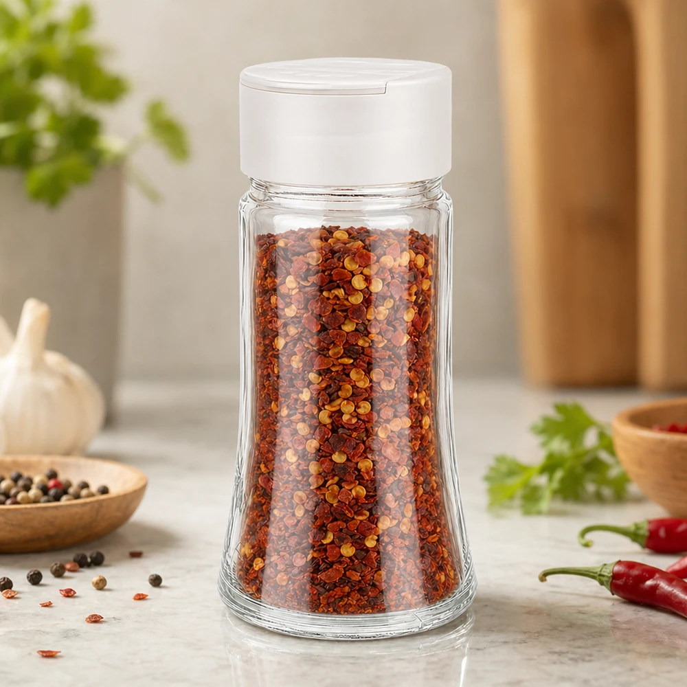 Salt-/krydderikrukke 95 ml med dobbelt strøer, hvid Krydderistrøer af glas, 95 ml, fyldt med chiliflager, hvidt plastlåg, dobbeltstrøer