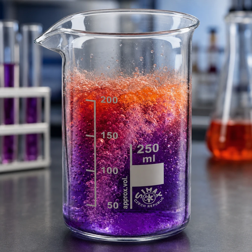 Bæger 250 ml borosilikatglas, høj form 250 ml begerglas i høj udformning med en violet-orange reaktionsvæske og dannelse af bobler i laboratoriet