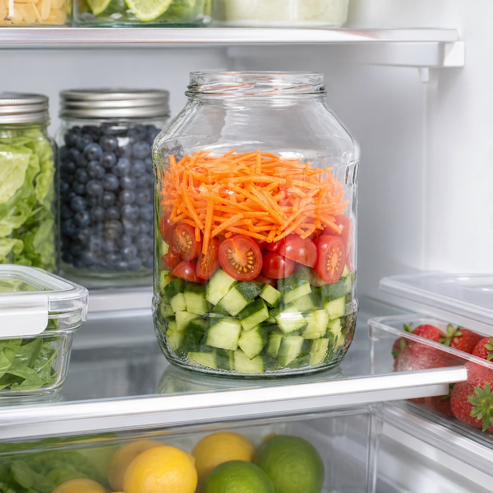 UNiTWIST Runda2650 - Briller med en kapacitet på 2650 ml TO100 UNiTWIST Runda2650 drikkeglas 2650 ml i køleskabet med lagdelt salat af agurk, tomater og gulerødder Meal Prep