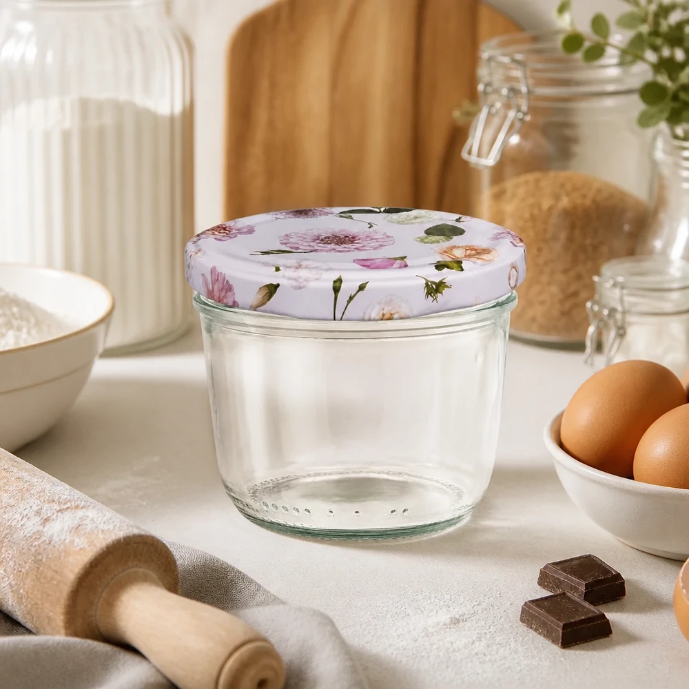 230 ml væltet glas + BasicSeal låg Blume rosa UNiTWIST Tomme 230 ml-bægre med BasicSeal-låg med lyserødt blomstermønster i køkkenscene med bageingredienser og køkkenredskaber