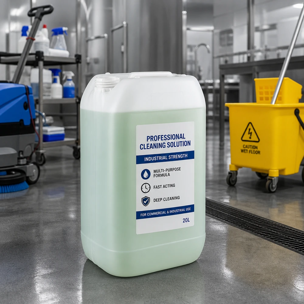 Lysegrøn 15-liters industrikanister uden låg med etiketten »Professionel rengøringsvæske« på hallgulvet