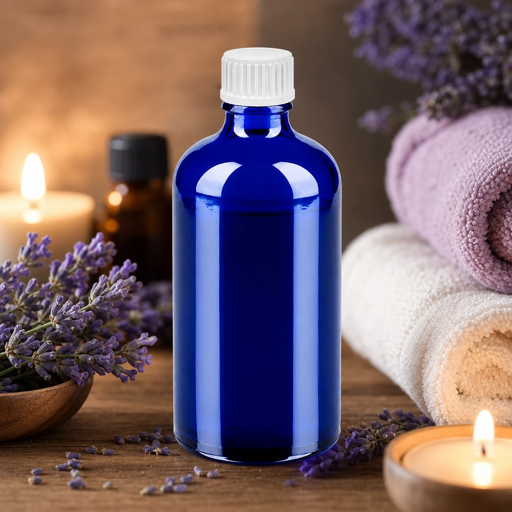 100 ml dråbeflaske 0,9 mm hvid STD BlueLine UT18/100 100 ml dråbeflaske af høj kvalitet lavet af blåt glas med hvid standardhætte BlueLine UT18/100