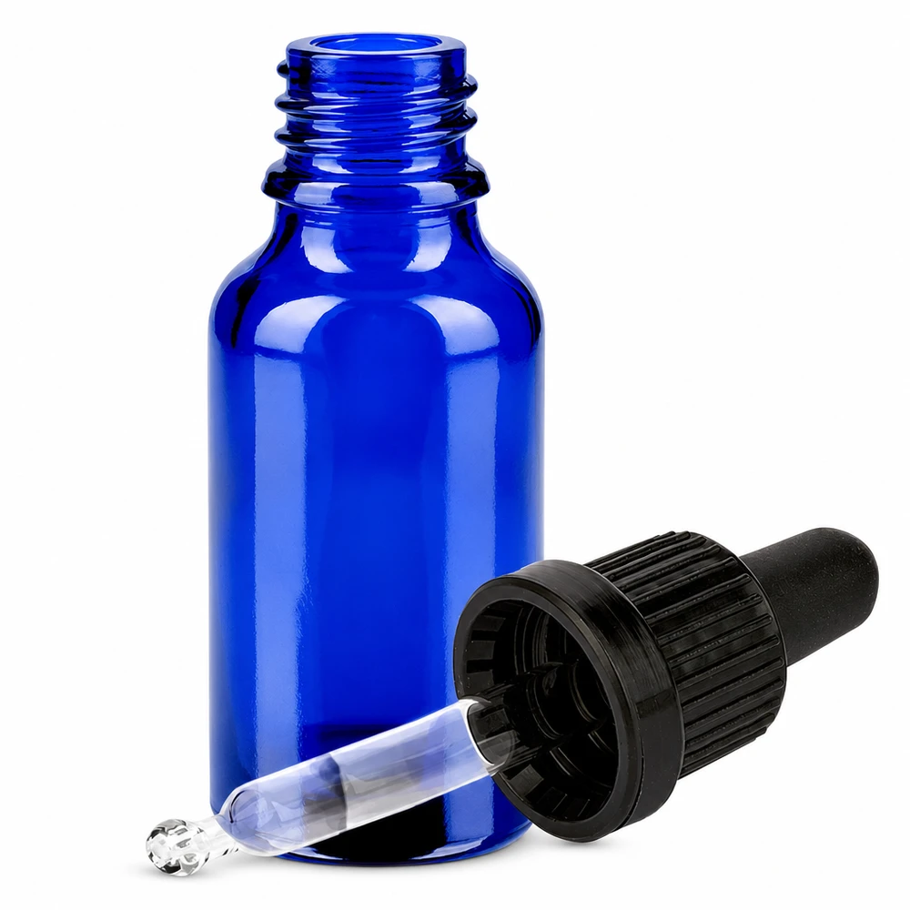 Blå glasflaske 20 ml med dråbepipette og sort hætte til æteriske olier og kosmetik