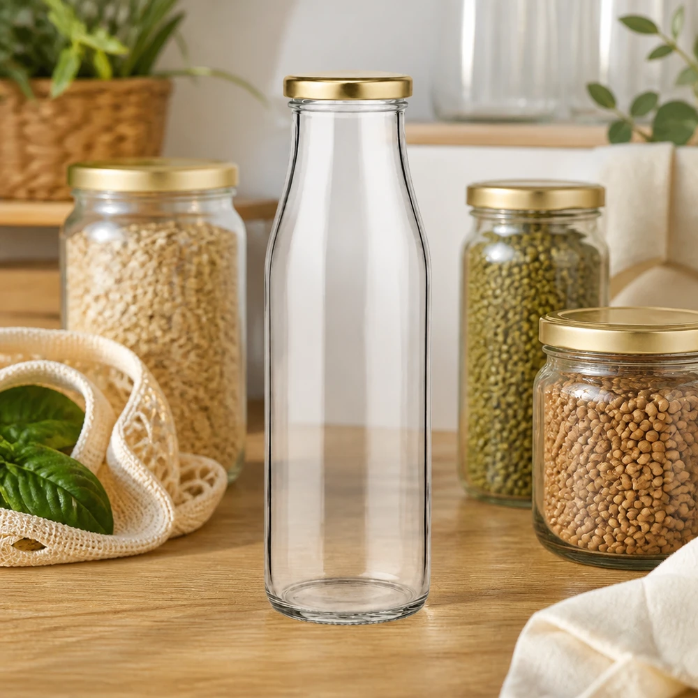 500 ml glasflaske + BasicSeal-låg guld UNiTWIST. Absolut lækagesikker med stort TO48-låg. Til mælk, juice og limonade. 500ml Glasflasche BasicSeal gold in moderner Küche zwischen Vorratsgläsern mit Hülsenfrüchten Zero Waste Lifestyle