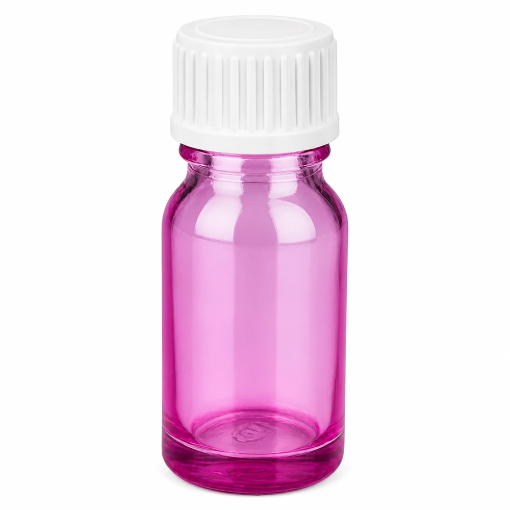 10 ml (kugle) flaske. 3 mm hældering hvid standard PurpleLine. UT18/10 10 ml glasflaske i lilla med hvidt skruelåg til æteriske olier og kosmetik