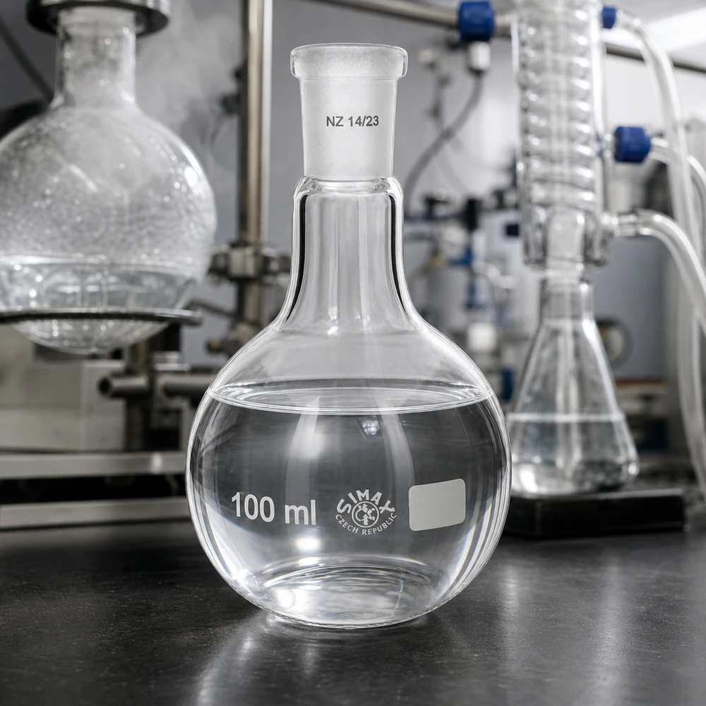100 ml kolbe med standard slebet led (14/23) Gennemsigtig standkolbe 100 ml med slebet fællesmærkning NZ 14/23 til professionelt laboratorieudstyr