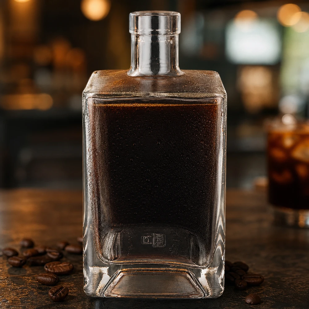 700 ml glasflaske »Ben« uden lukning UNiTWIST® 700 ml glasflaske Ben fyldt med mørk kaffelikør på et rustikt træbord med barstemning af kaffebønner