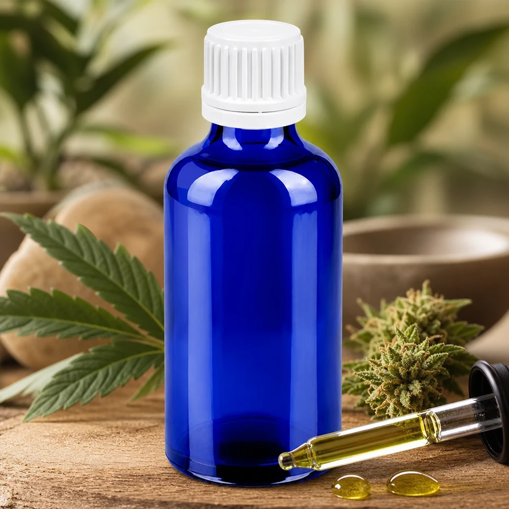 Blå glasflaske 50 ml med dråbepipette til præcis dosering af naturlige ekstrakter og tinkturer