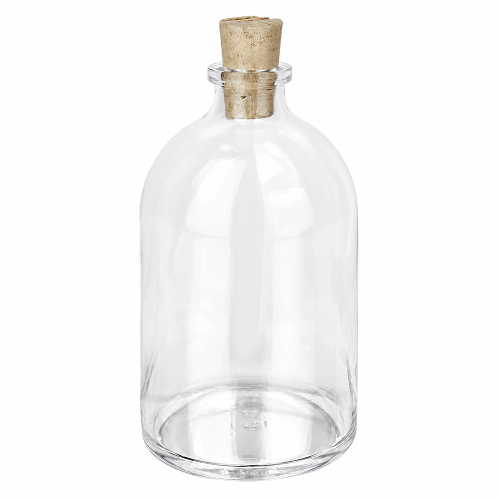 Flaske i klart glas 100 ml med kork 11/14 mm Glasflasche 100ml Klarglas mit Naturkorken 11/14mm bauchige Form mit schmalem Hals