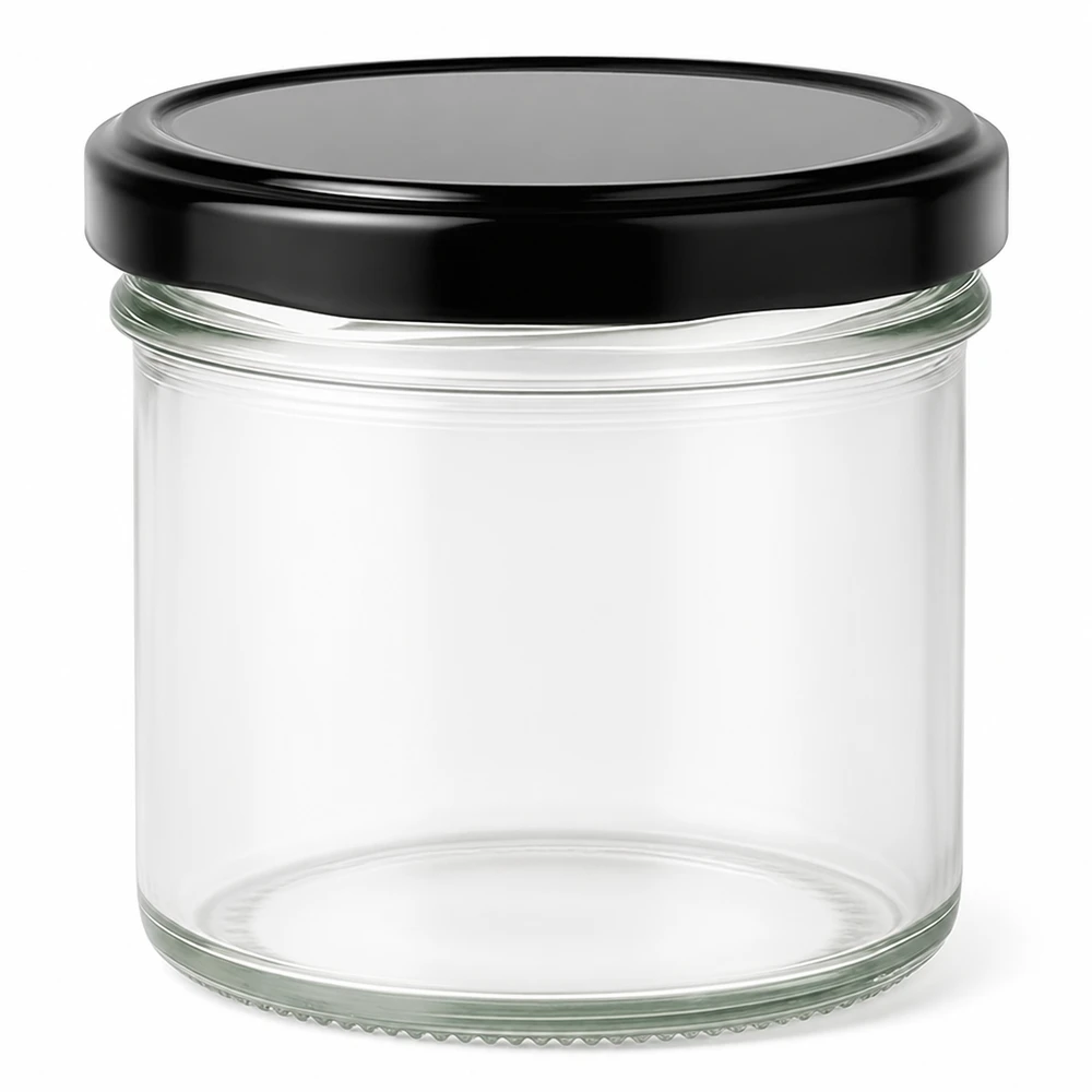 125 ml Briller med BasicSeal-låg sort UNiTWIST 125 ml glas med sort BasicSeal-låg tomt, gennemsigtigt syltetøjsglas