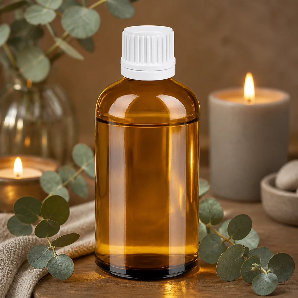 100 ml dråbeflaske 0,7 mm hvid OV BrownLine UT18/100 Brun glasflaske 100 ml med hvidt skruelåg til æteriske olier og aromaterapi