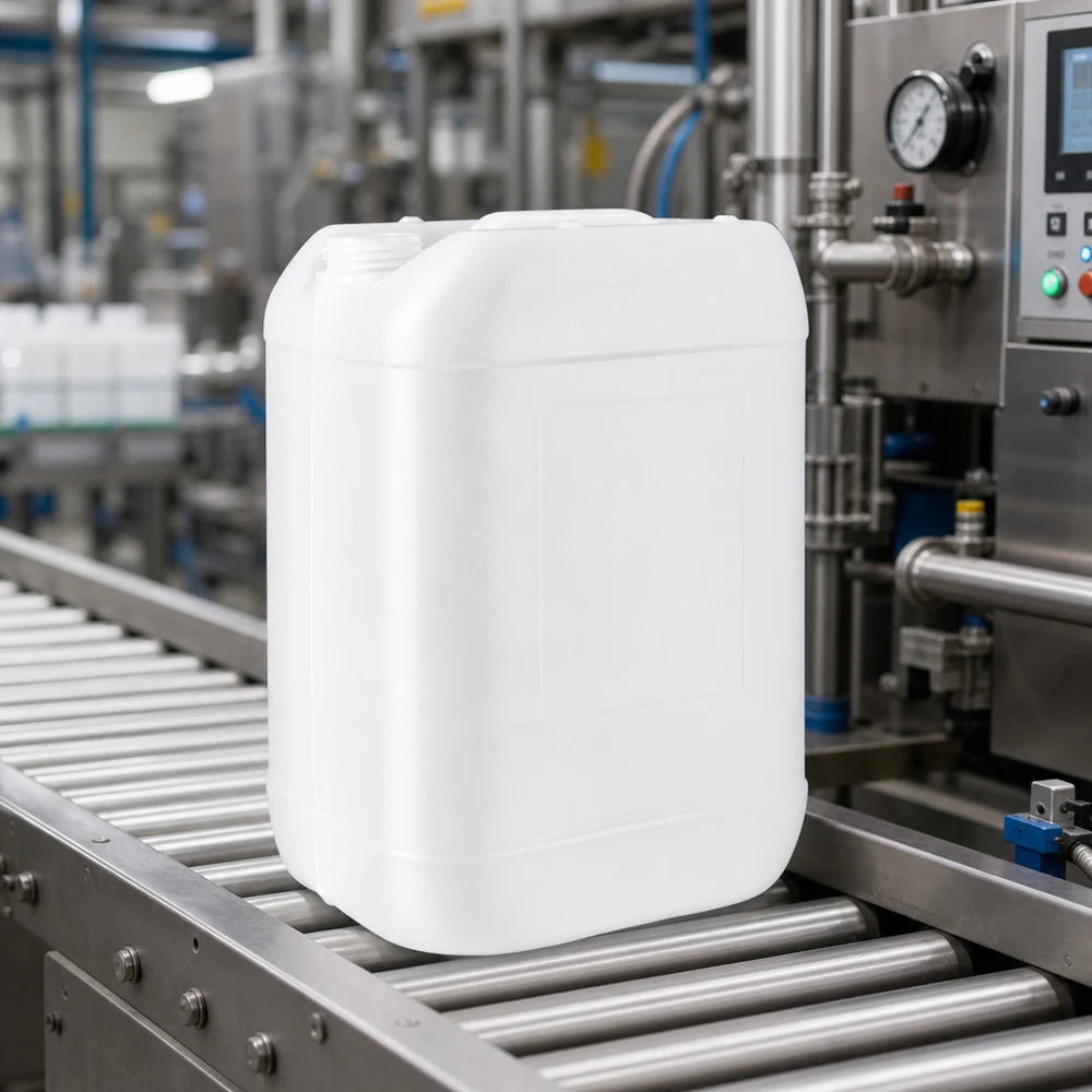 Rektangulær 25-liters dunk uden låg i hvidt på et industrielt transportbånd