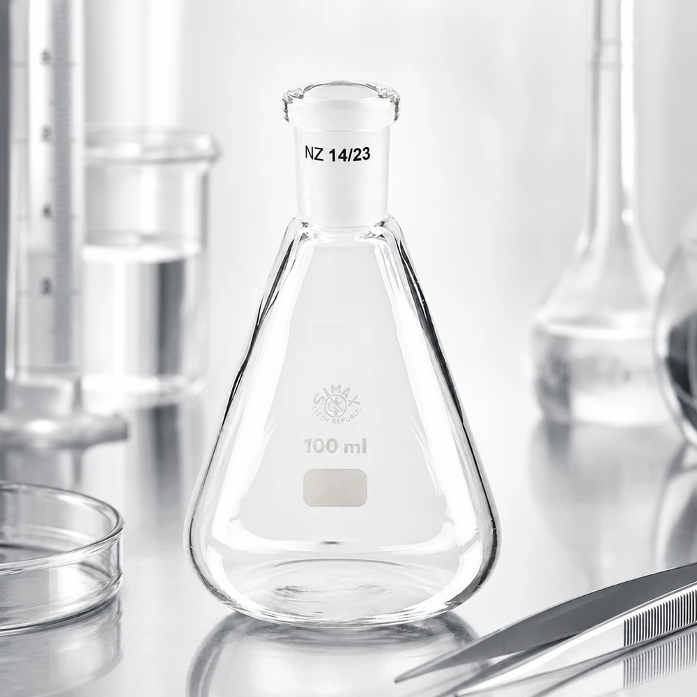 Erlenmeyer-kolbe 100 ml med standard slebet led (14/23) Erlenmeyer-kolbe 100 ml med standard slebet led (14/23)