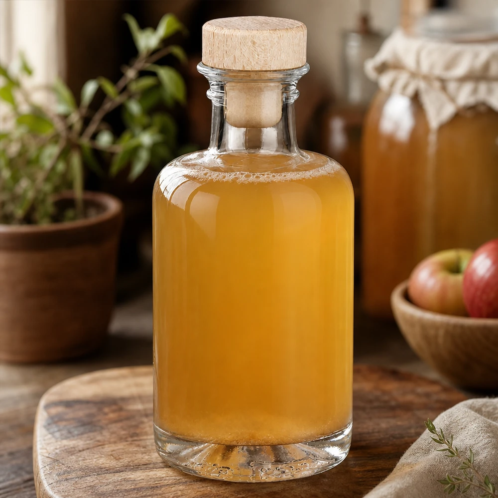 100 ml apoteksflaske Sofia med træhåndtag og prop UNiTWIST® 100ml Glasflasche Sofia mit Holzkorken gefüllt mit Apfelsaft neben Äpfeln in warmer Küchen-Atmosphäre Lifestyle