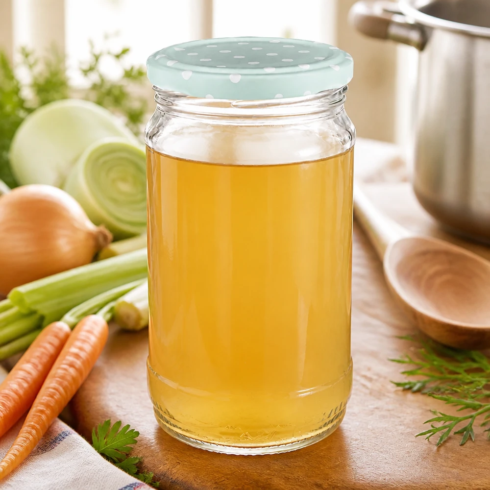 370 ml rundt glas + BasicSeal-prikker, mint, mat, UNiTWIST 370 ml UNiTWIST-rundglas fyldt med bouillon og med et mintgrønt BasicSeal-låg med prikker ved siden af grøntsagerne