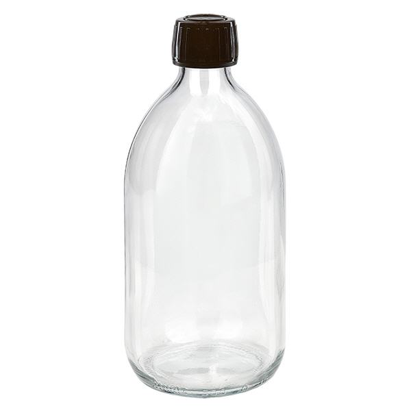 500 ml medicinflaske klar, hætte brun med manipulationssikker ring ApoGlas. Farmaceutisk kvalitet fra EU-produktion. 28 mm (PP28) gevind. (sirup, lys glasflaske) 500 ml medicinflaske klar, hætte brun med manipulationssikker ring ApoGlas. Farmaceutisk kvalitet fra EU-produktion. 28 mm (PP28) gevind. (sirup, lys glasflaske)