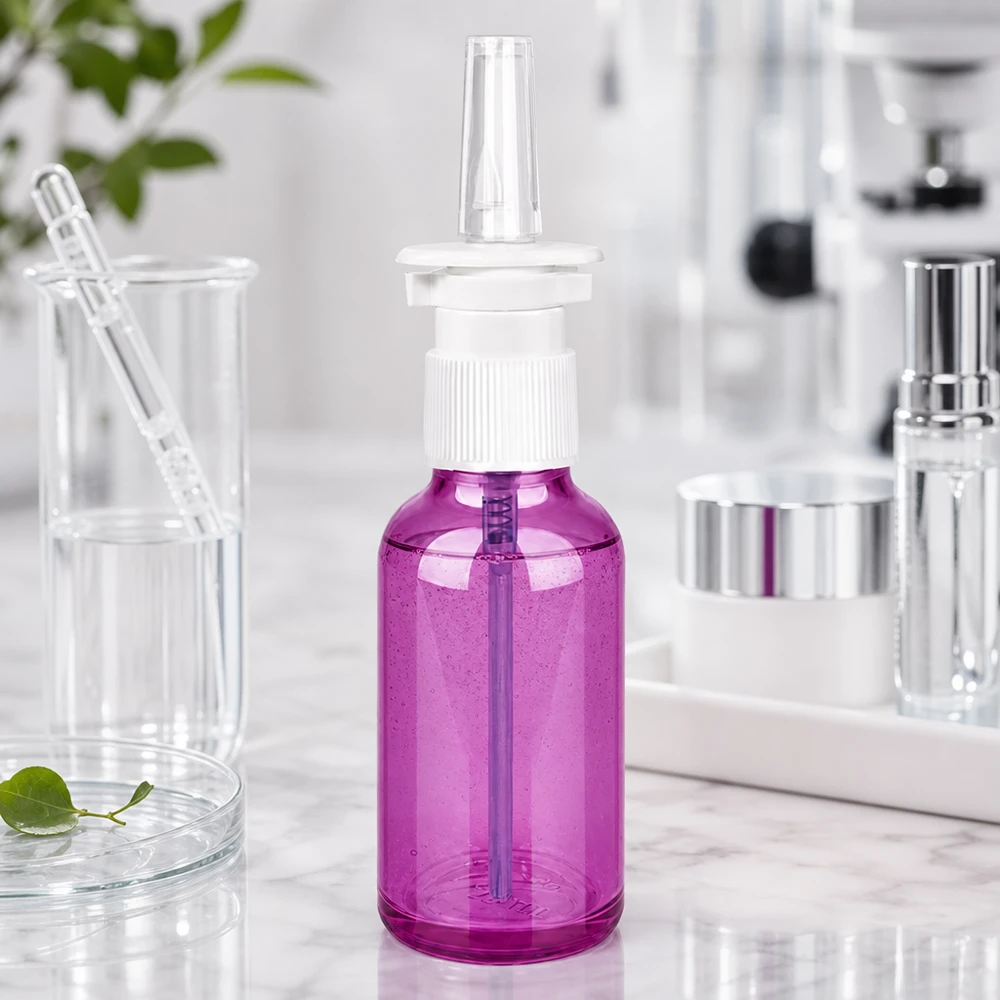 30 ml næsesprayflaske hvid/transparent standard PurpleLine. UT18/30 Kompakt 30 ml næsesprayflaske af gennemsigtig plast i et moderne lilla design til hverdagsbrug