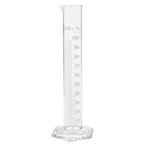 100 ml målecylinder HF af glas, hvid skala. HF = høj form. Borosilikatglasskala med tud. Sekskantet base. ISO 4788.