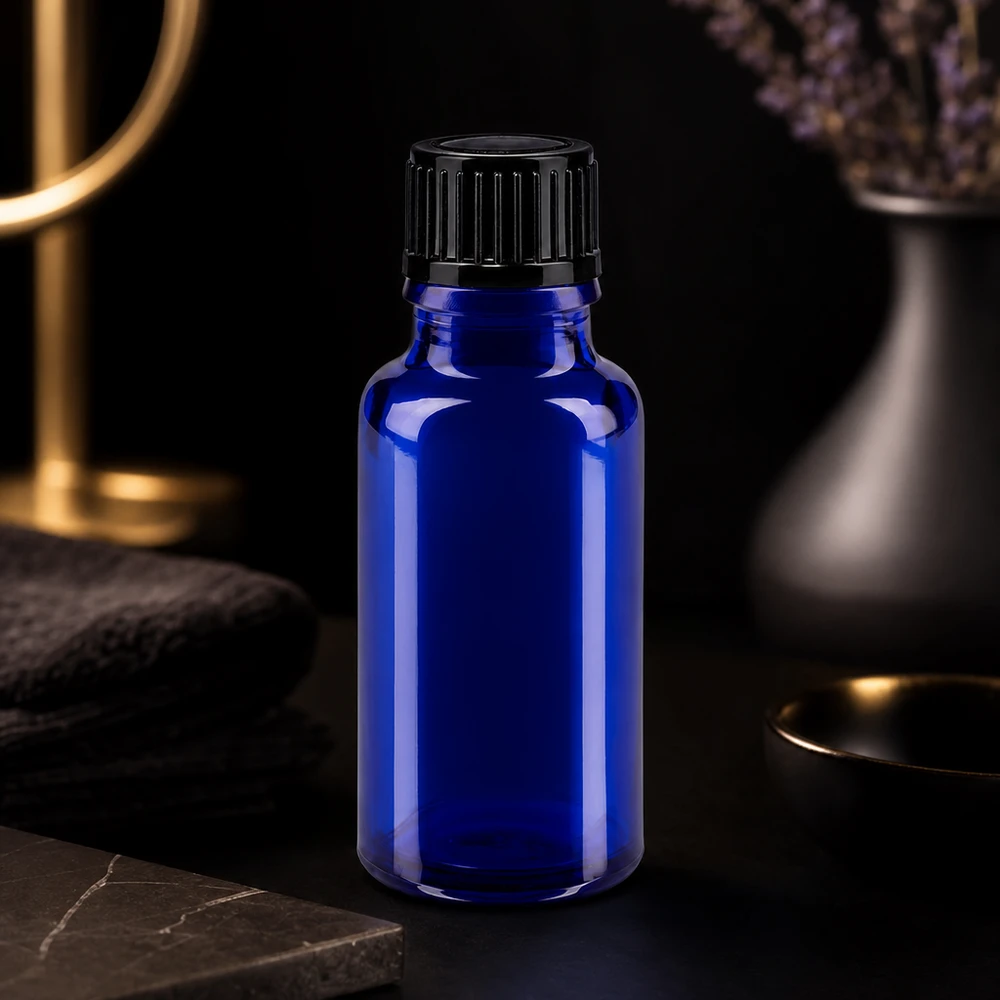 Apoteksflaske blå 20ml skruelåg sort pc Mørkeblå 20 ml apotekerflaske med riflet skruelåg på en elegant sort baggrund