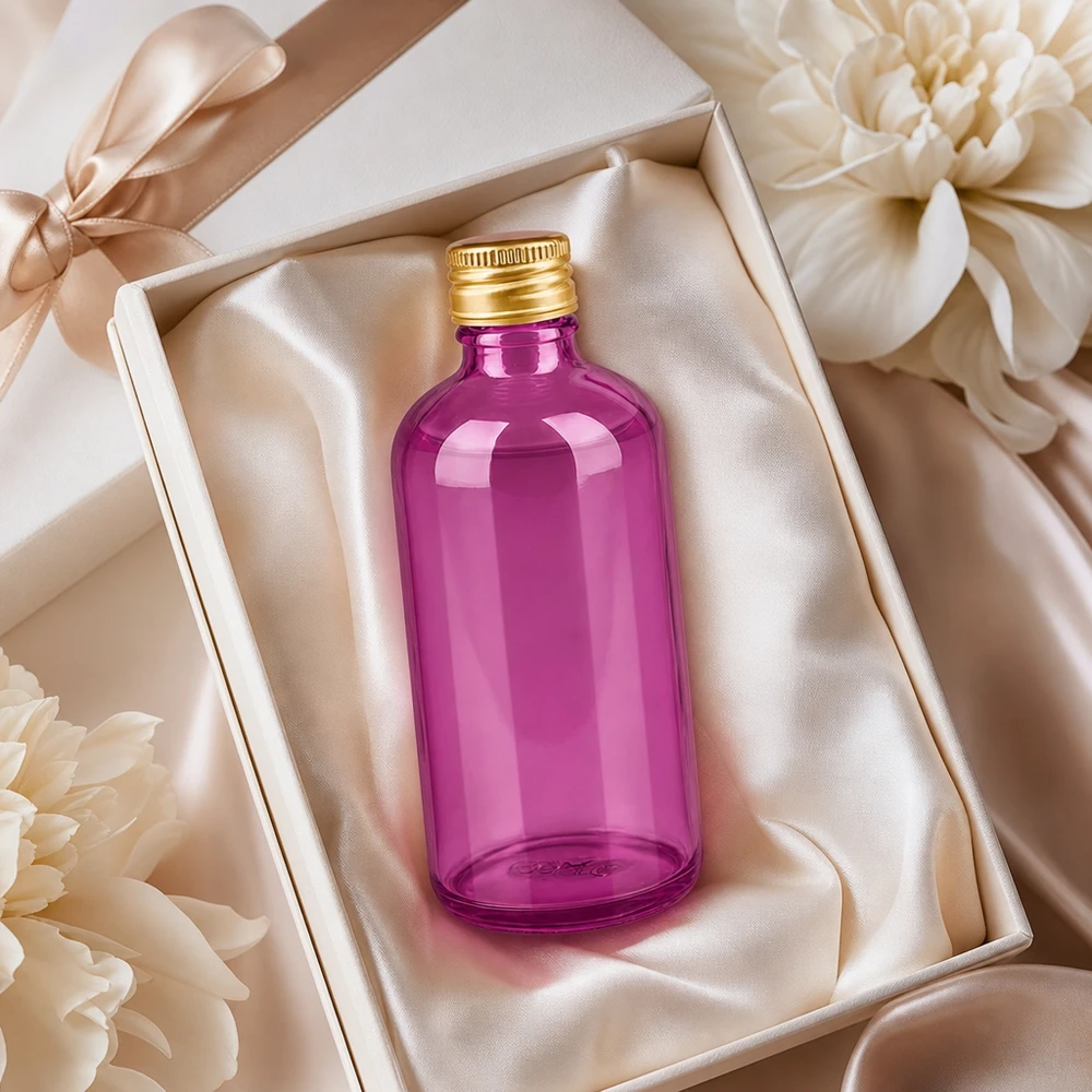 100 ml flaske 11 mm skruelåg aluminium guld standard PurpleLine. UT18/100 Lilla glasflaske 100 ml med guldhætte i elegant gaveindpakning med satinbånd