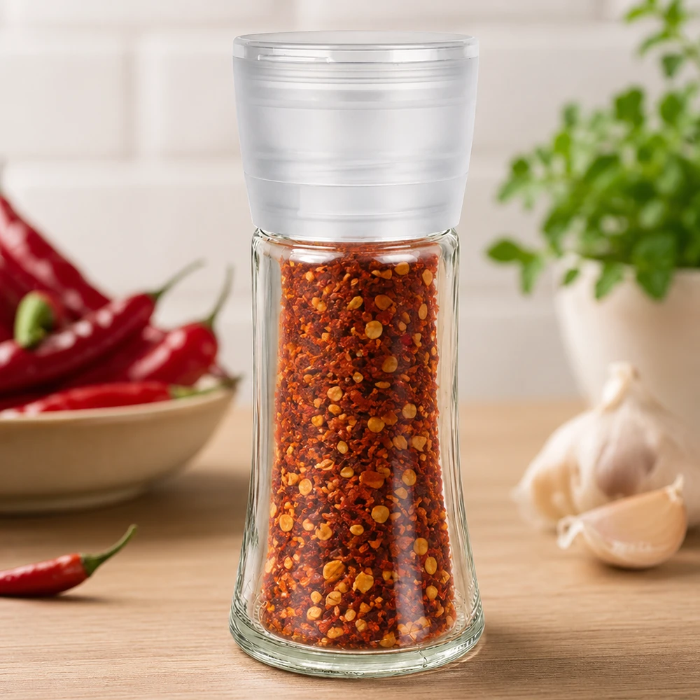 Salt-/krydderikrukke 95 ml med kværn, Vario, hvid Krydderikværn af glas, 95 ml, med hvidt plastlåg, fyldt med chilipulver, på træunderlag