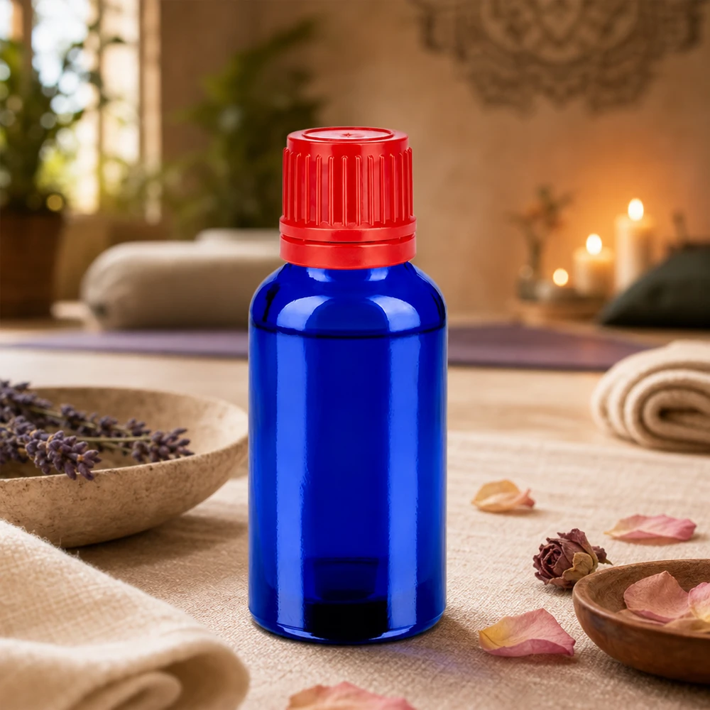 Premium 30 ml glasflaske med UV-beskyttelse takket være blåt glas og børnesikret rød hætte