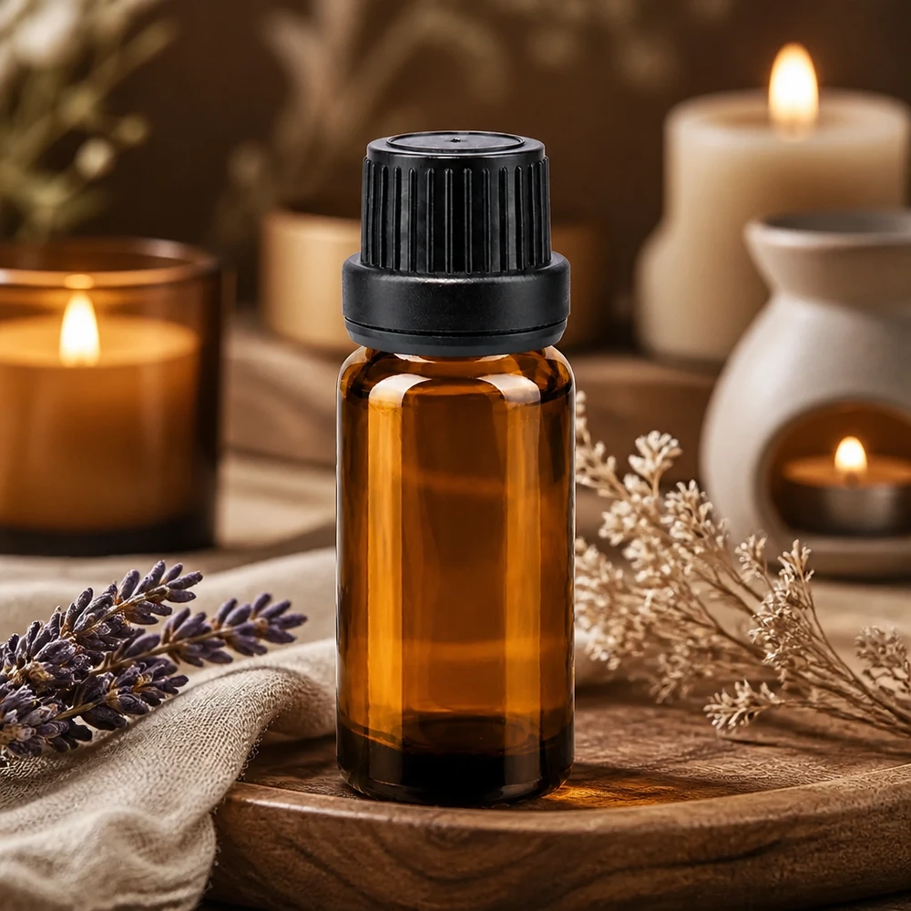 Ravfarvet 10 ml glasflaske med sort børnesikret låg og dråbetæller til aromaterapi