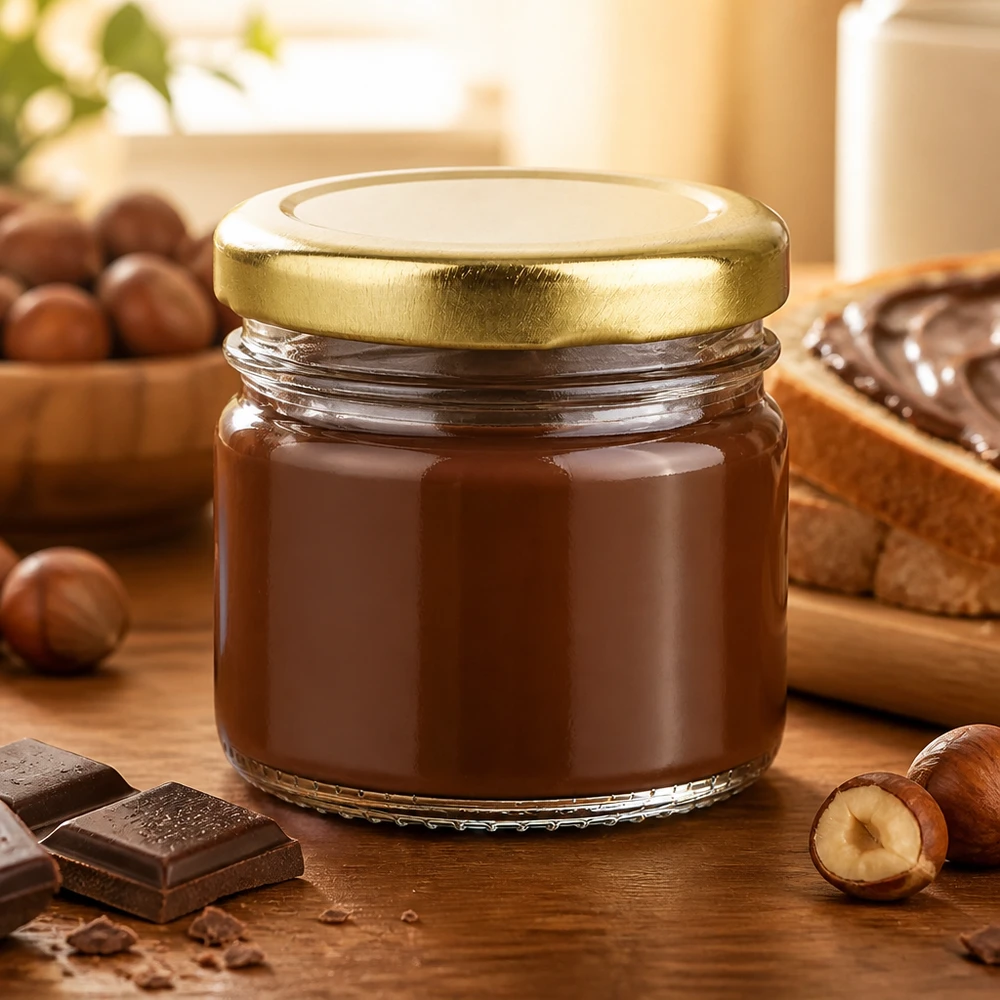 Chokoladecreme i et rundt glas på 33 ml med et gyldent BasicSeal-låg ved siden af hasselnødder og chokolade